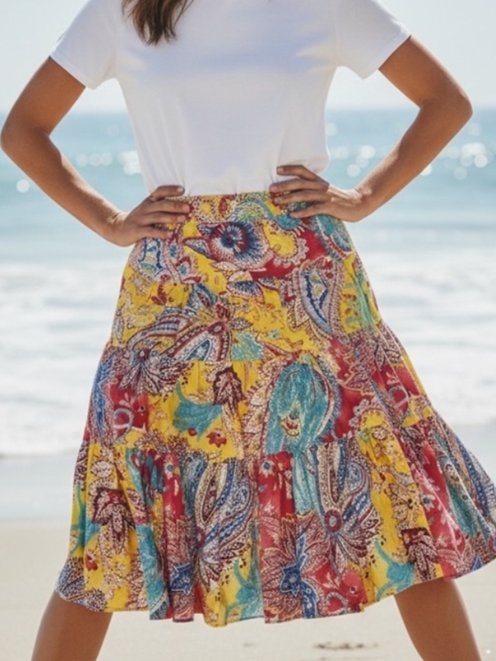 Lauren Ralph Lauren Paisley Floral 100% Linen Tiered Midi Skirt Size Petite S